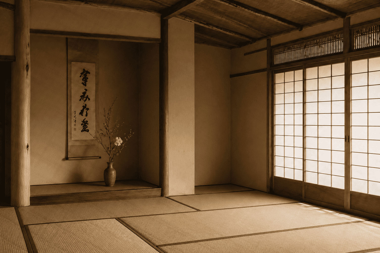A traditional chashitsu tea room with tatami floor, shoji screens, and a tokonoma alcove holding a single scroll and seasonal flower