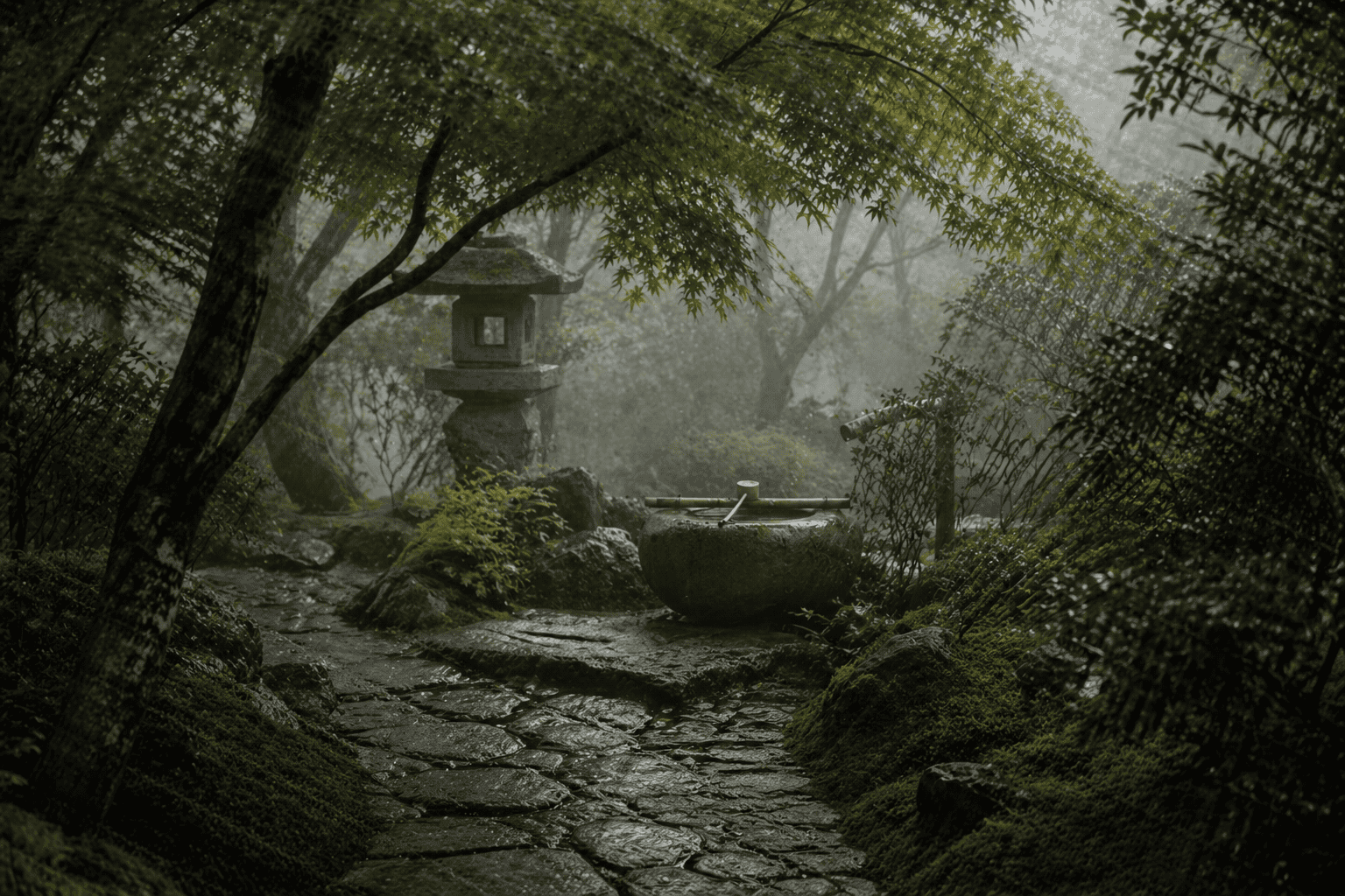 A misty stone path through a Japanese tea garden, leading to a stone water basin and lantern