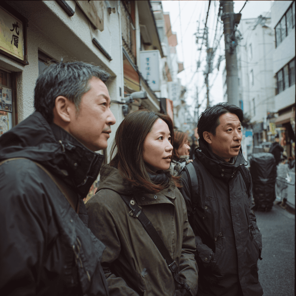 A small group walking through a Tokyo retail street with a knowledgeable guide