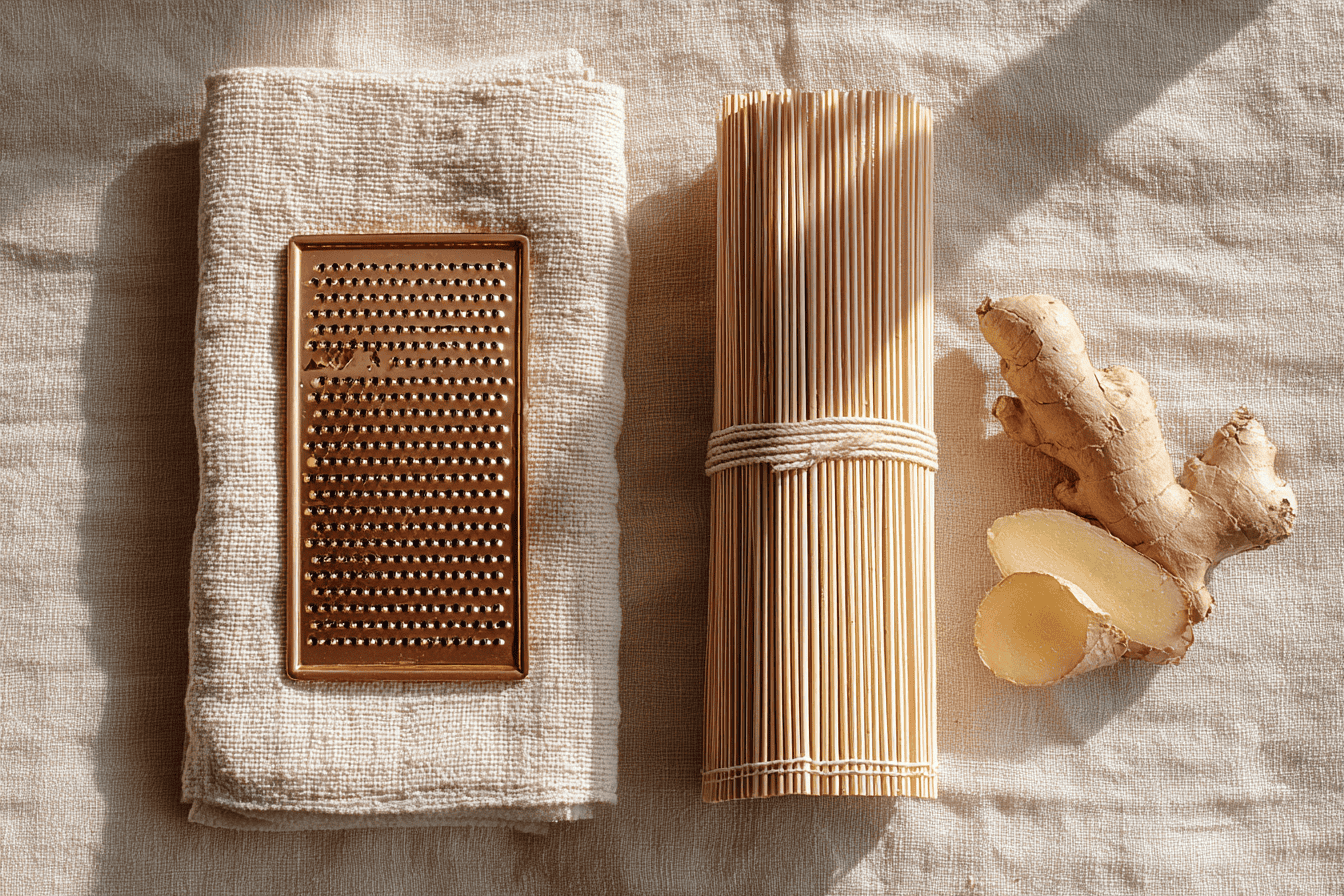Long Japanese cooking chopsticks, bamboo skewers, a square grilling net, and a small tofu mold arranged on cream linen