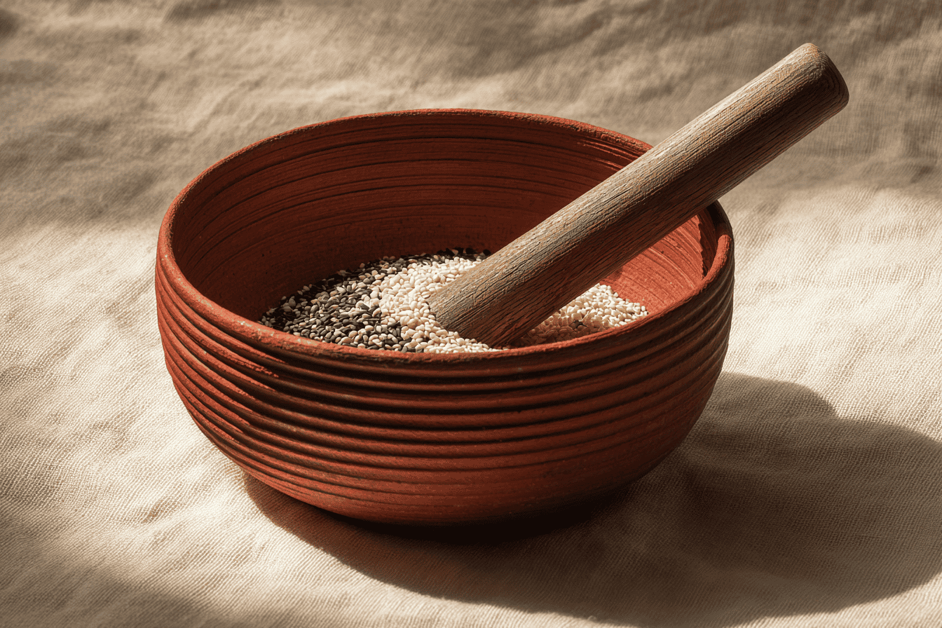 A ceramic suribachi mortar with wooden surikogi pestle, a copper oroshigane grater, and a fine-mesh kona furui sieve arranged on cream linen with sesame seeds and fresh ginger