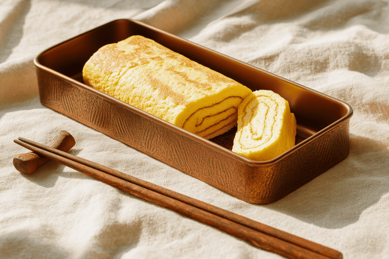 A rectangular copper tamagoyaki pan holding a freshly rolled Japanese omelet, sliced to reveal the layered interior, with wooden chopsticks beside