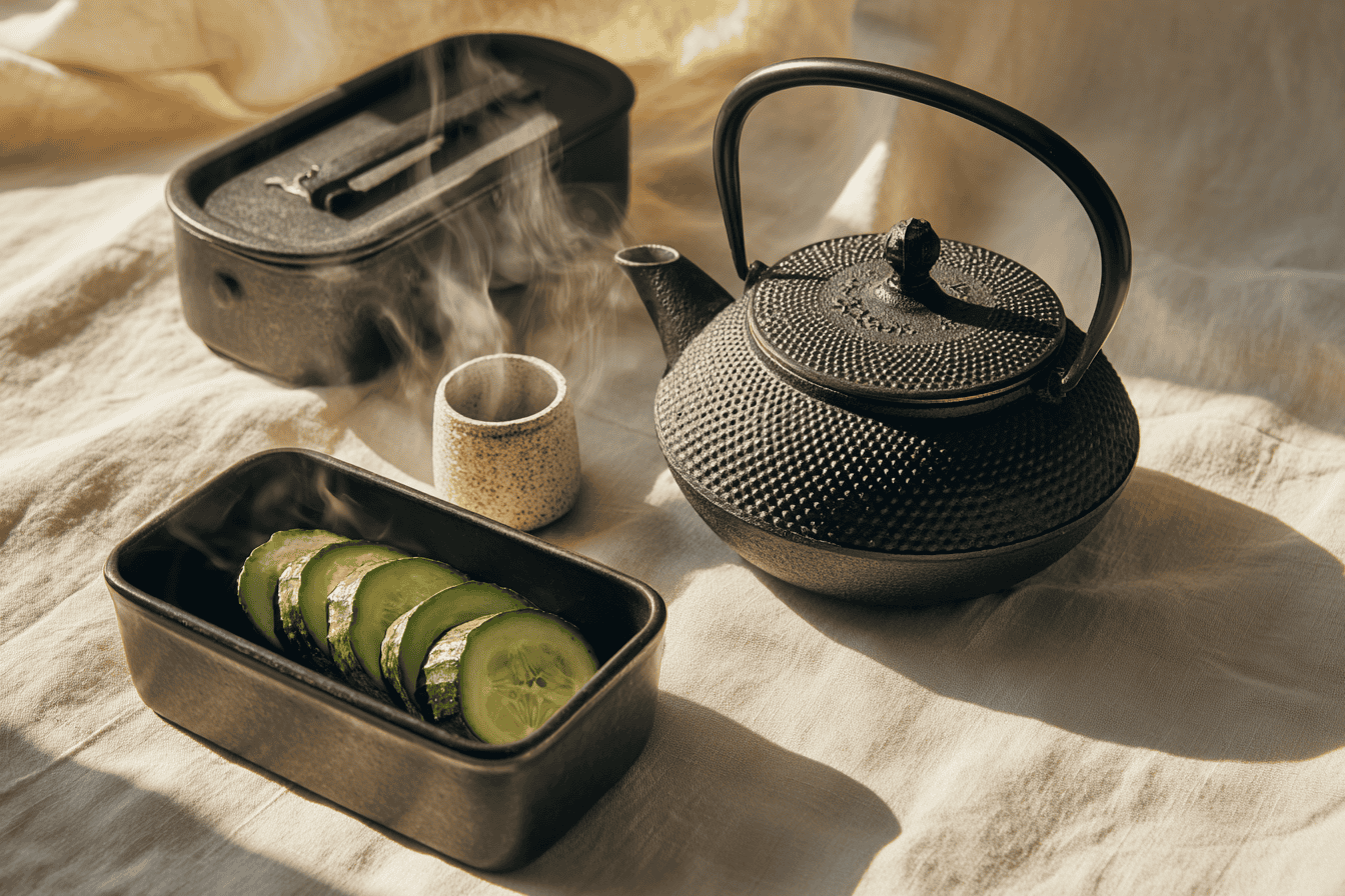 A small Japanese tsukemono pickle press with cucumbers inside, a black cast iron tetsubin kettle steaming gently, and a rectangular shokupan loaf pan beside them