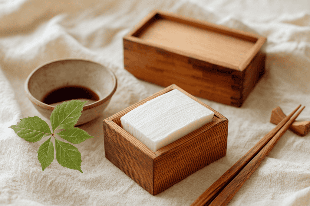 Fresh white tofu in a wooden box beside a small dish of soy sauce and chopsticks