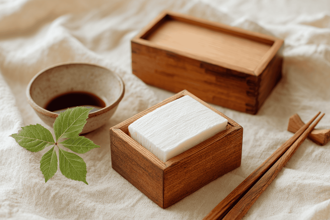 A wooden Japanese tofu mold lined with cheesecloth, holding a freshly pressed block of silken white tofu