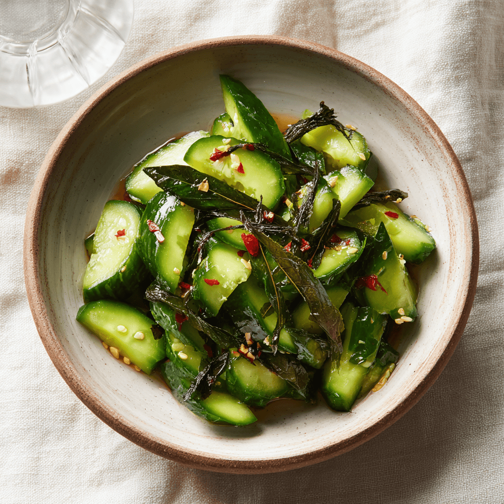 Bright green Japanese asazuke cucumber pickles with thin kombu strips and chilli flakes, plated in a small ceramic dish