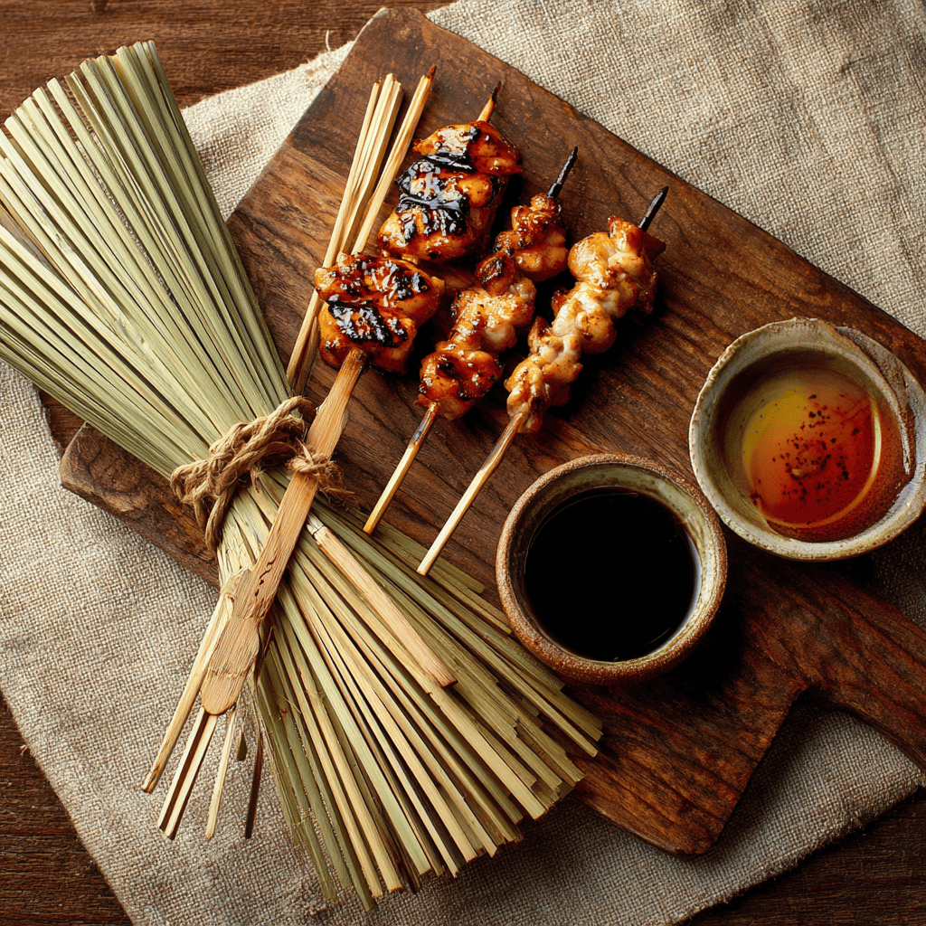 A bundle of Japanese bamboo kushi skewers tied with twine, beside grilled yakitori chicken on a wooden board