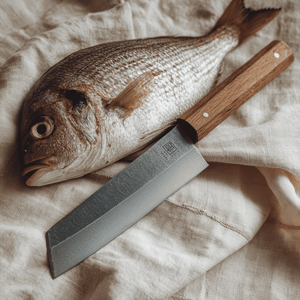 A heavy Japanese deba fish knife with thick spine and single-bevel edge, beside whole sea bream on cream linen