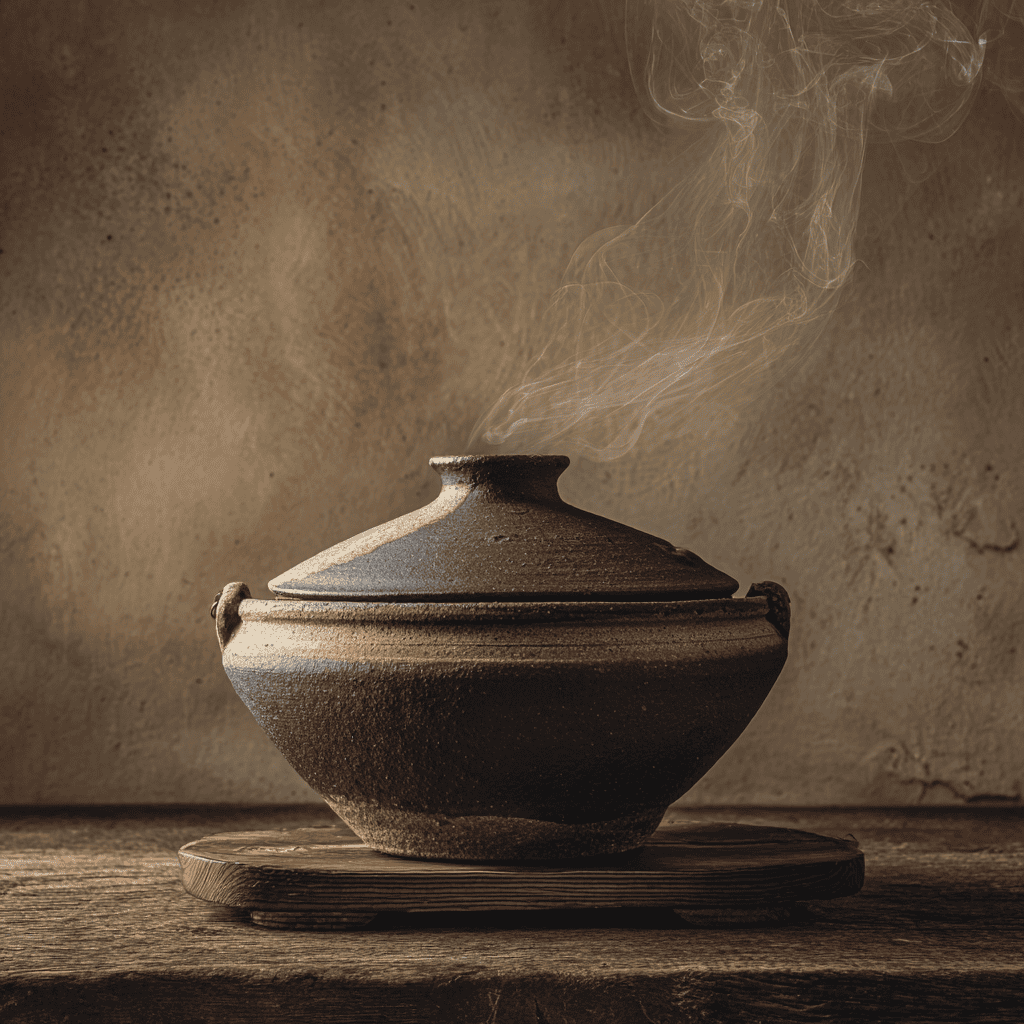 A traditional Japanese donabe earthenware clay pot with lid, set on a wooden trivet with steam rising