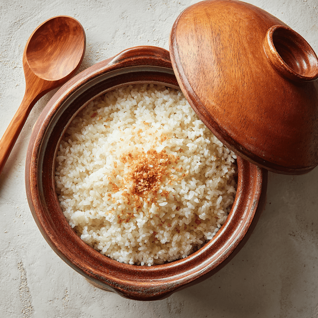 A bowl of glossy short-grain Japanese rice with a caramelised okoge crust at the bottom of the donabe pot, photographed from above on cream linen