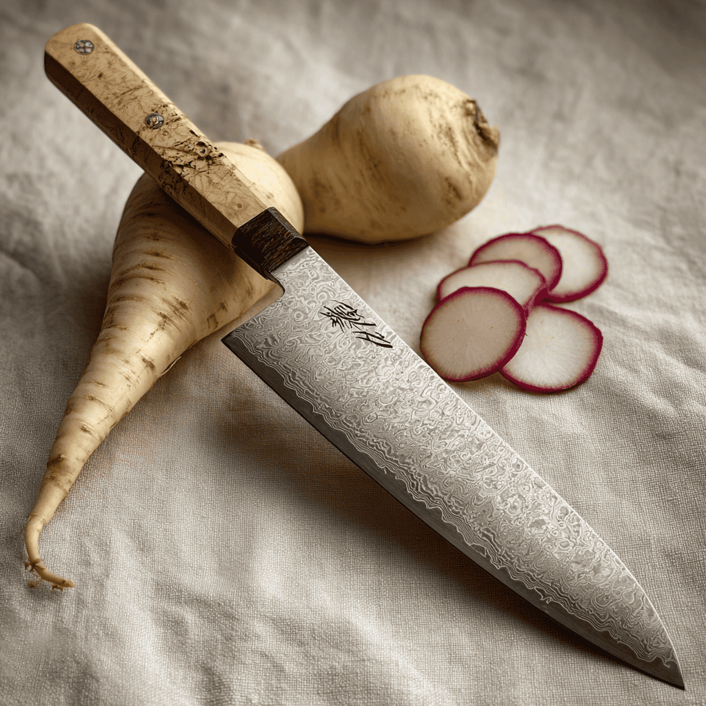 An eight-inch Japanese gyuto chef's knife with VG10 Damascus blade and octagonal magnolia handle, resting on cream linen with sliced vegetables