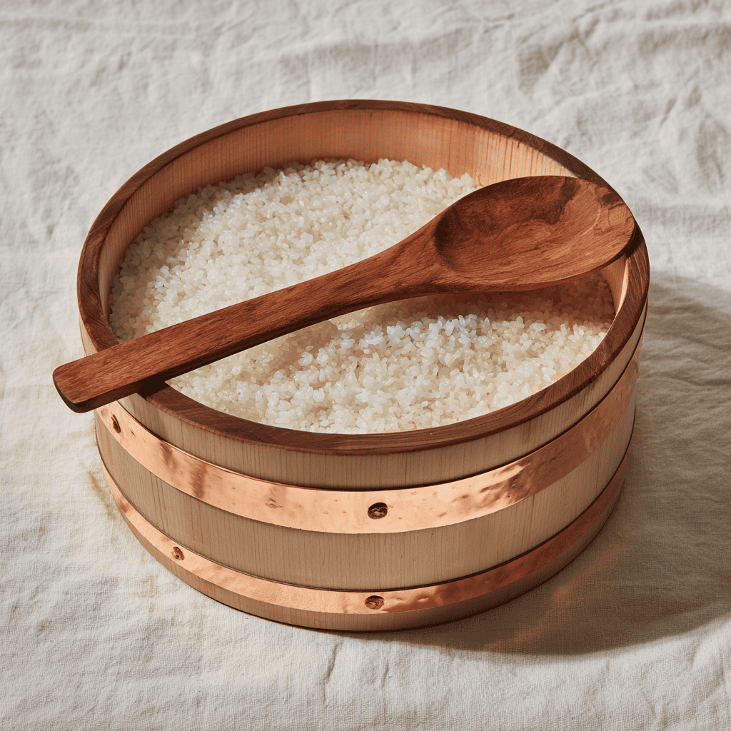 A wide cypress hangiri sushi rice tub bound with copper bands, holding seasoned glossy rice with a wooden shamoji rice paddle