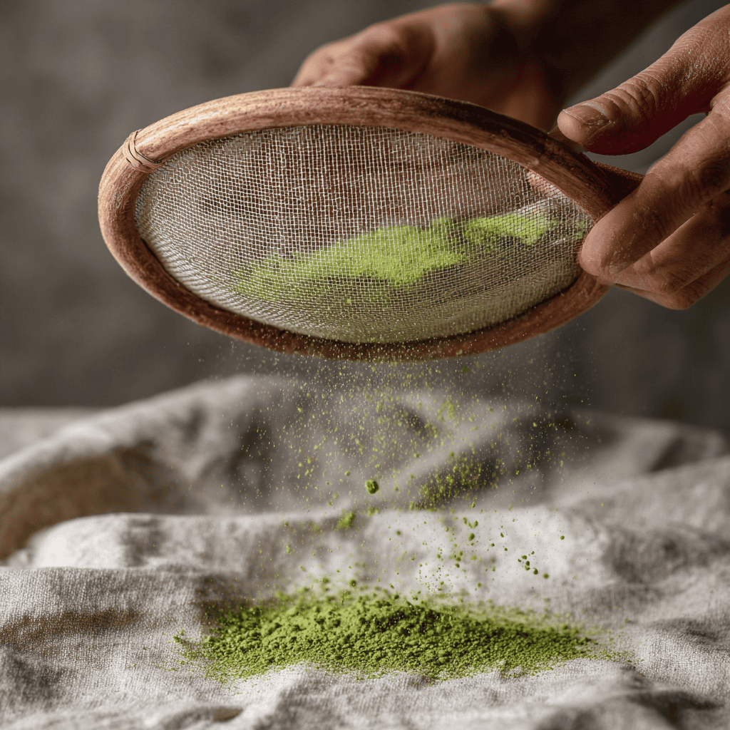 A Japanese kona furui wooden-rimmed fine-mesh sieve with sifted matcha powder dusted across cream linen