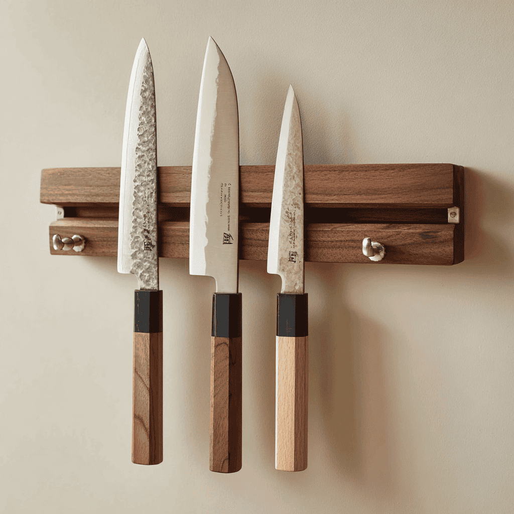 A magnetic walnut wooden knife strip mounted on a kitchen wall holding three Japanese knives