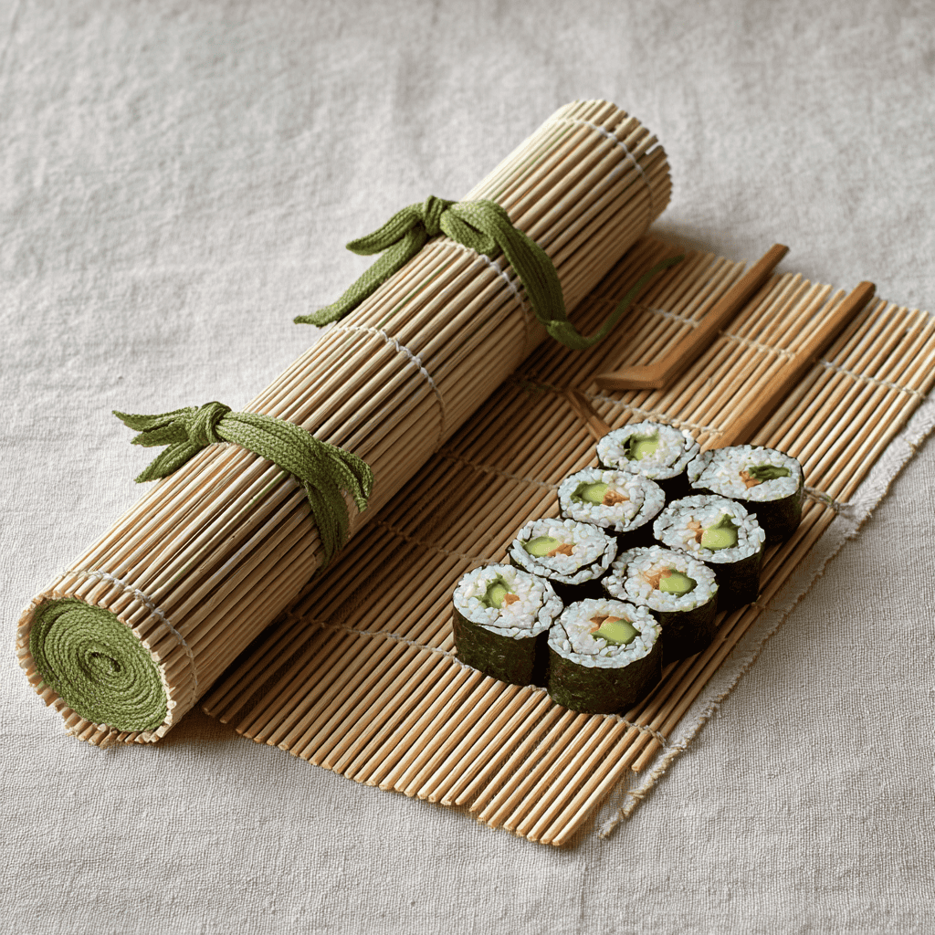 A rolled Japanese makisu bamboo sushi mat with green cotton ties, beside a sliced sushi roll on cream linen