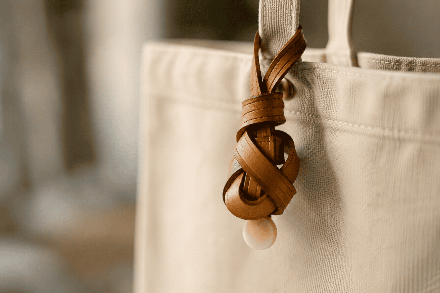 A small layered-leather charm hanging from a tote bag handle, photographed close for the construction