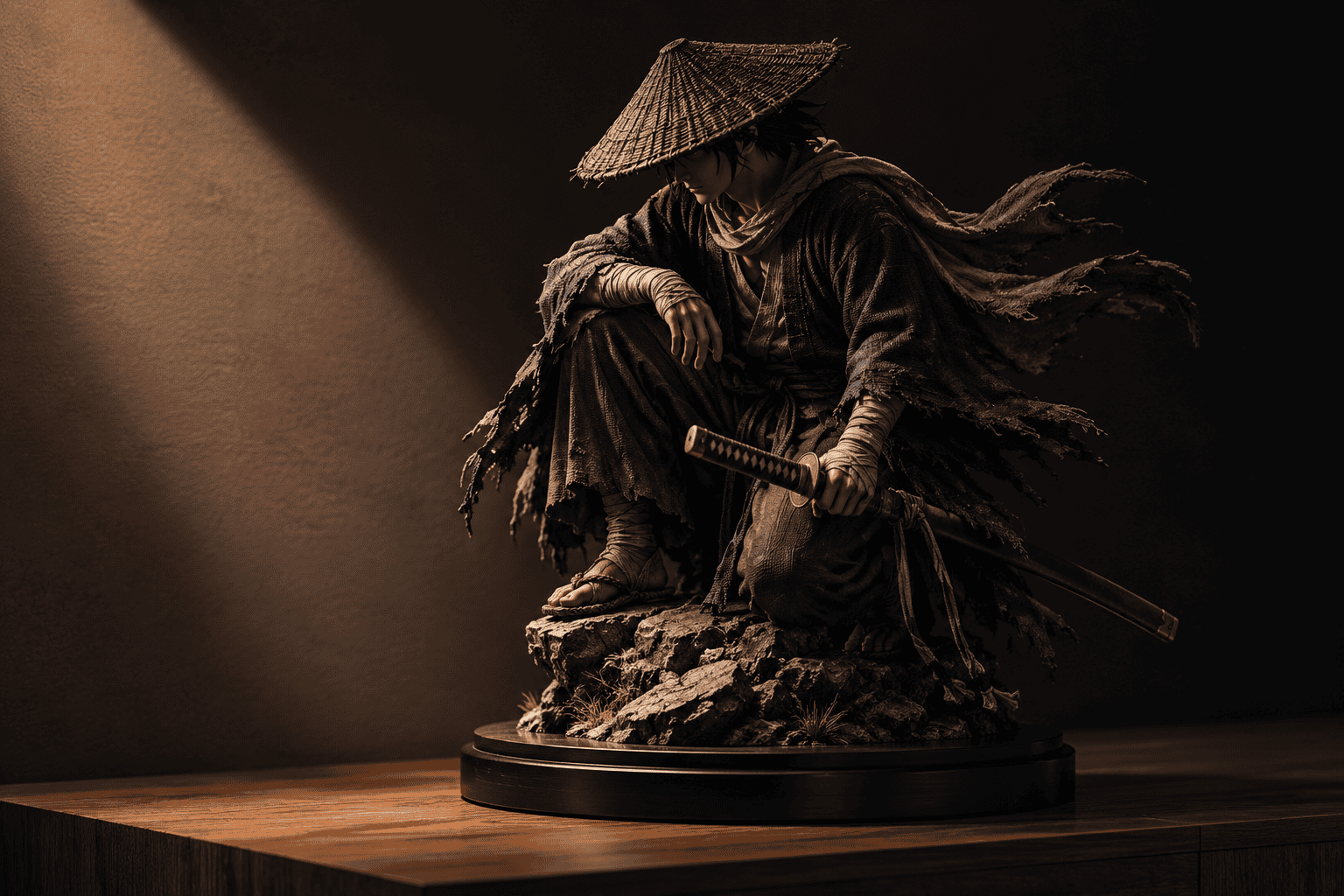 A close-up of a finely painted collectible figurine in traditional armour on a dark display surface