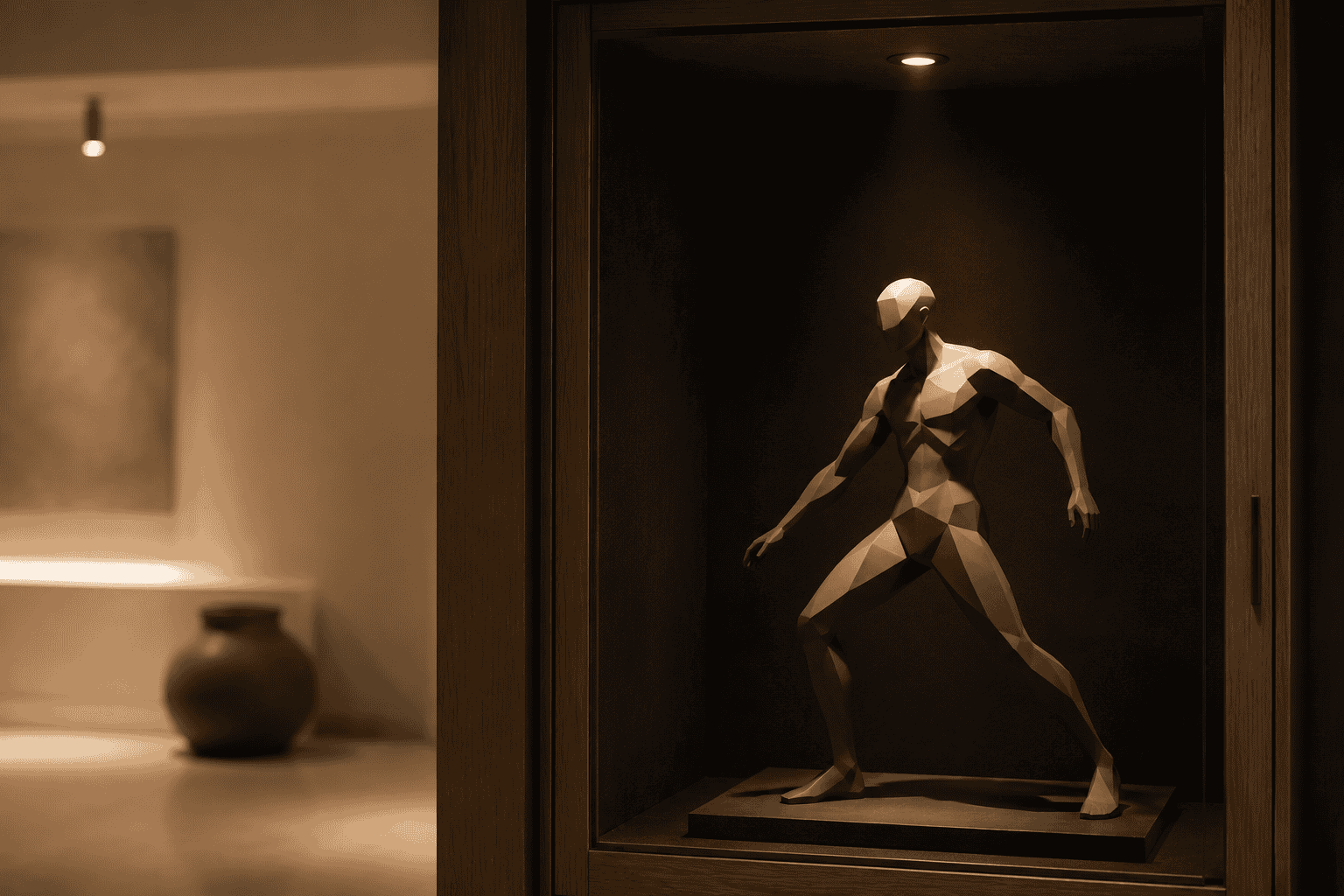 A single premium anime statue under directional lighting in a glass cabinet