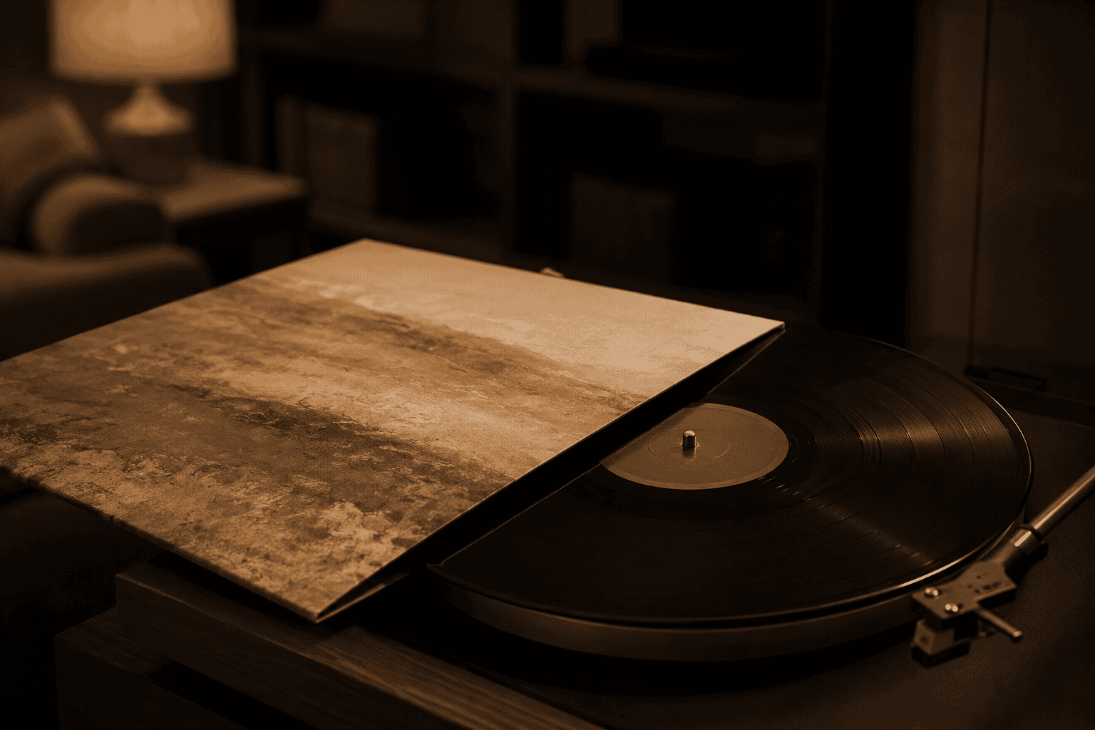 A gatefold soundtrack vinyl record half-out of its sleeve on a turntable platter in warm low light