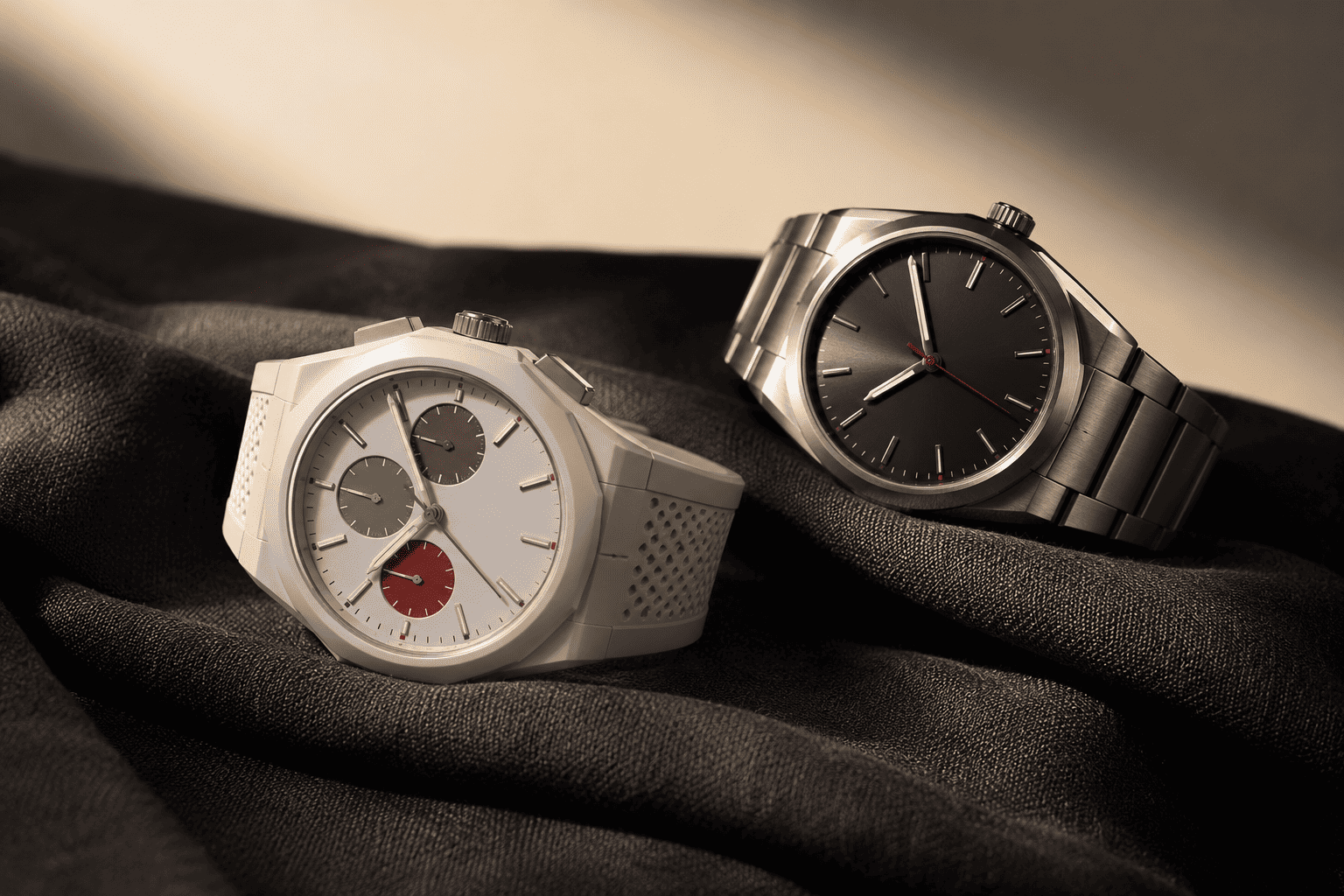 A limited-edition Japanese collaboration chronograph watch resting on charcoal linen