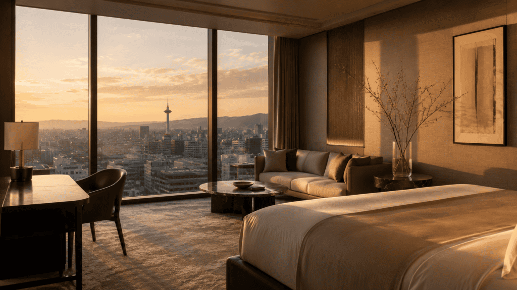 A hotel suite at sunset with floor-to-ceiling windows over a Japanese city, low furniture and a single branch arrangement