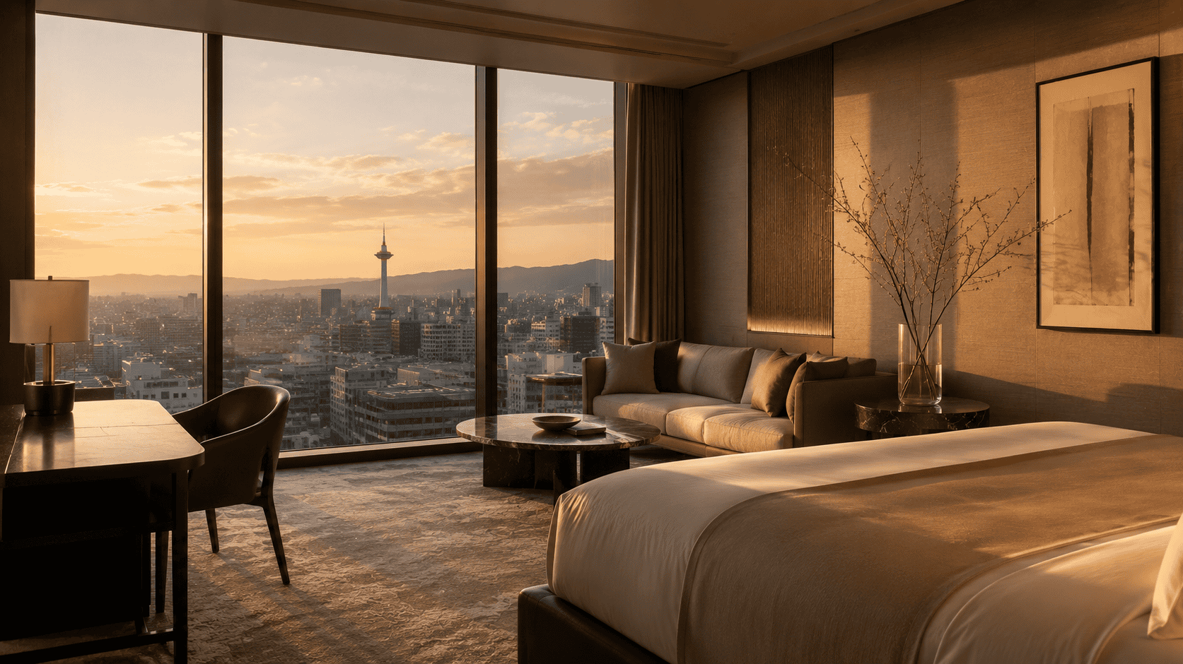 Luxury hotel suite in Japan with Tokyo skyline view at sunset
