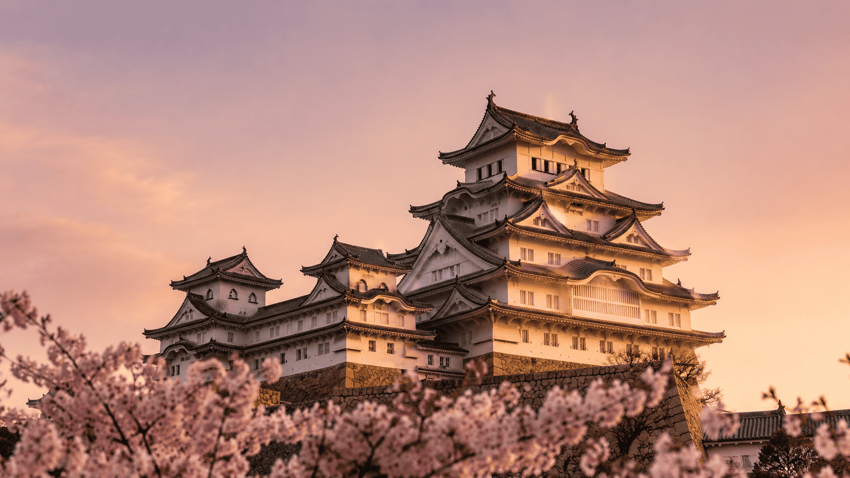 Himeji Castle at golden hour, one of Japan's World Heritage Sites