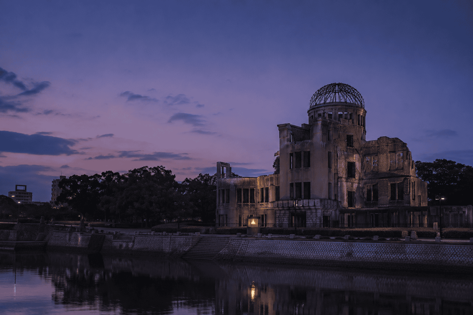 The Genbaku Dome at twilight — Hiroshima Peace Memorial, inscribed UNESCO 1996