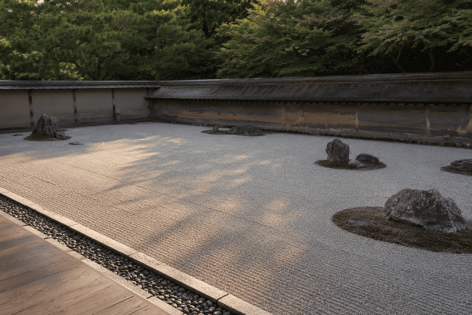The Ryōan-ji rock garden — fifteen stones on raked gravel, the canonical Japanese karesansui