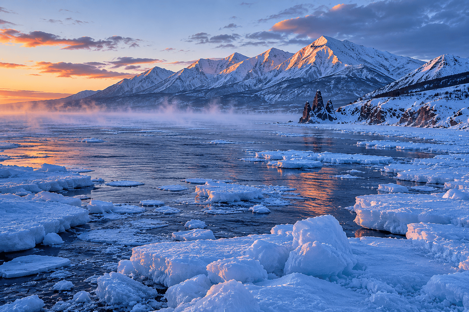 Drift ice in the Sea of Okhotsk at dawn — Shiretoko Peninsula, inscribed UNESCO 2005
