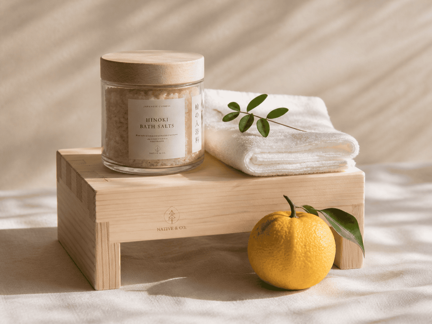 Hinoki cypress bath products on cream linen — bath salts and wooden bath stool