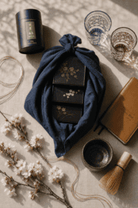 Beautiful Japanese tea gift set featuring elegant packaging, glassware, and cherry blossom accents.