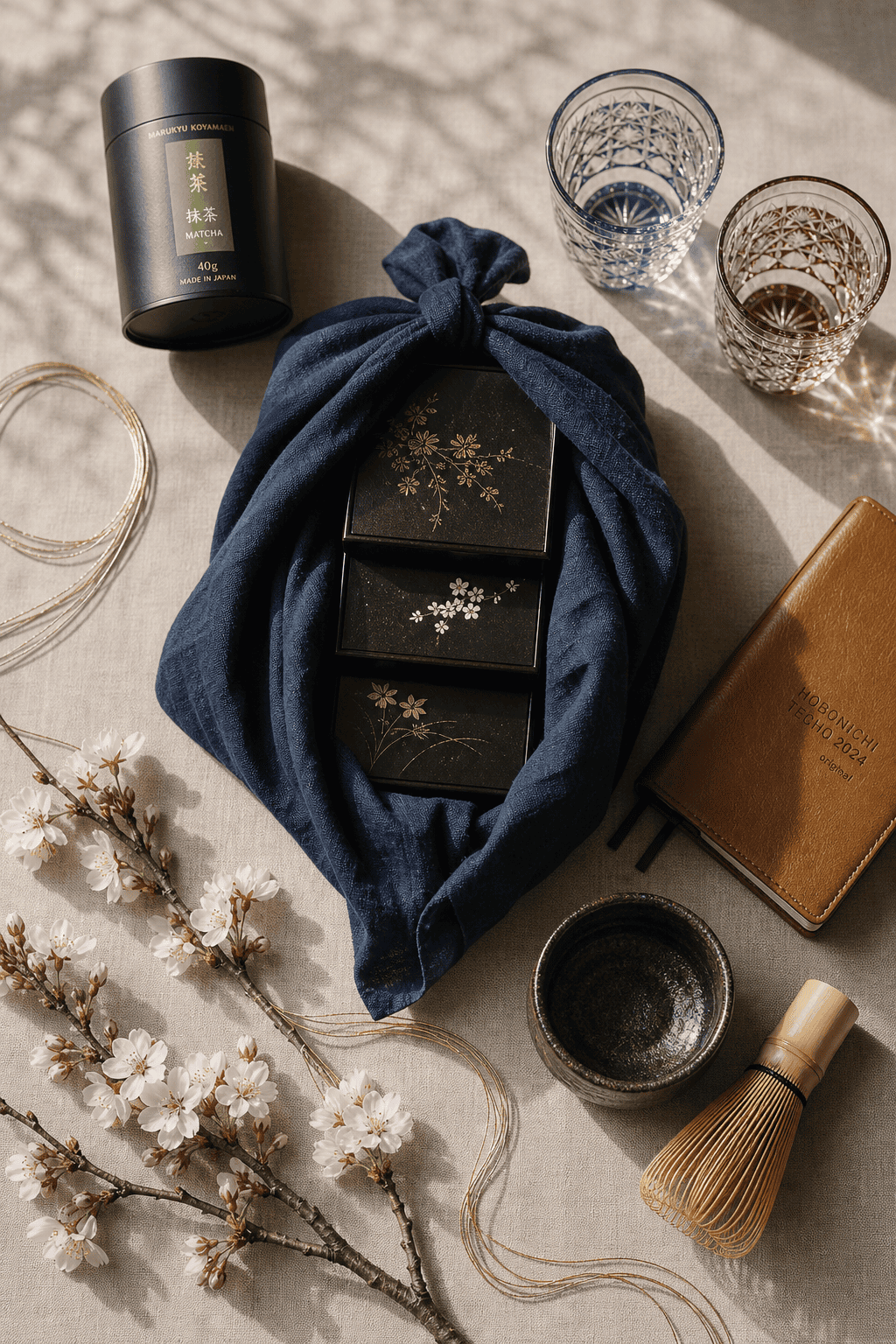 Best Japanese gifts flat lay — indigo furoshiki, Edo Kiriko crystal, matcha tin, sakura branches on cream linen