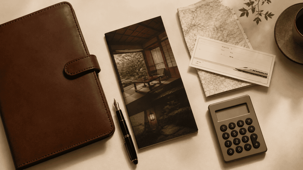 A leather planner, a map, travel brochures and a pen laid out on a cream table