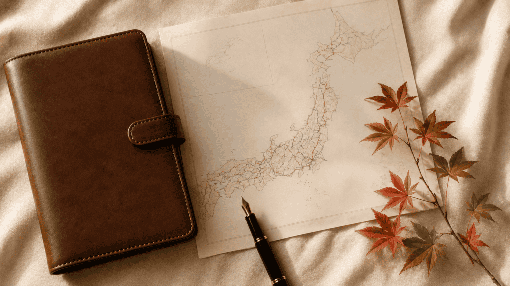 A map of Japan beside a leather notebook, a fountain pen and red maple leaves