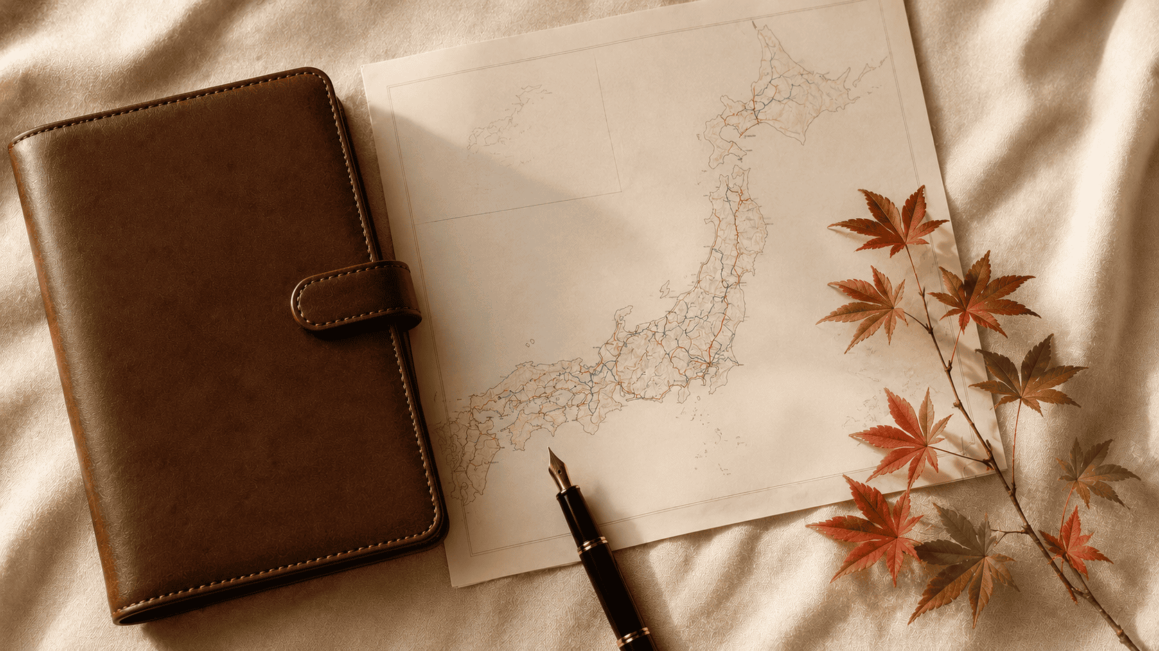 A traditional map of Japan with autumn leaves — the trip itself as the considered gift