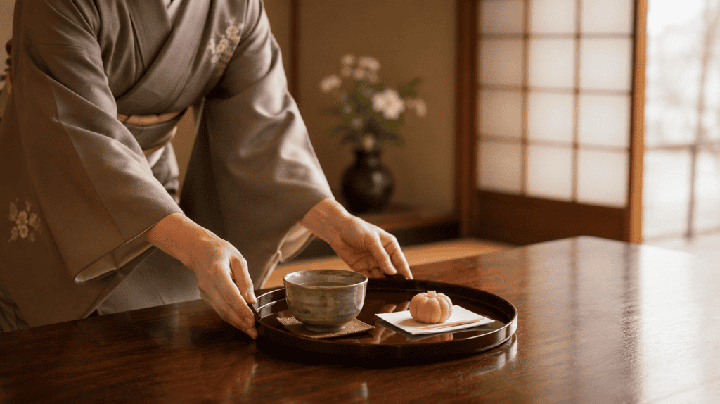 A host preparing matcha in a tatami room during a tea ceremony