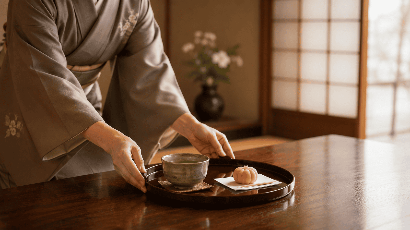 A tea ceremony in a tatami room expressing Japanese hospitality