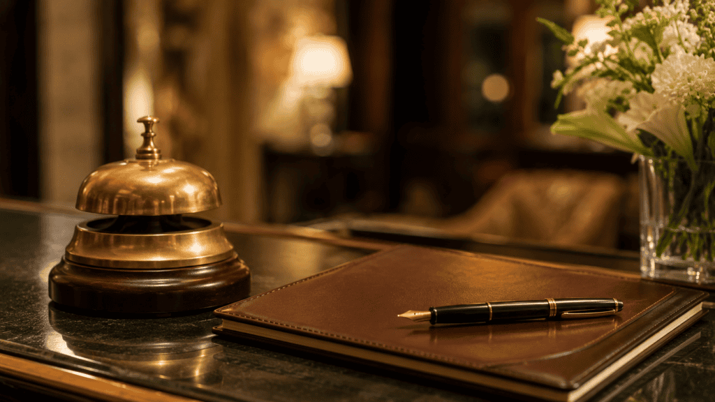 A brass reception bell and a leather folder on a polished hotel front desk