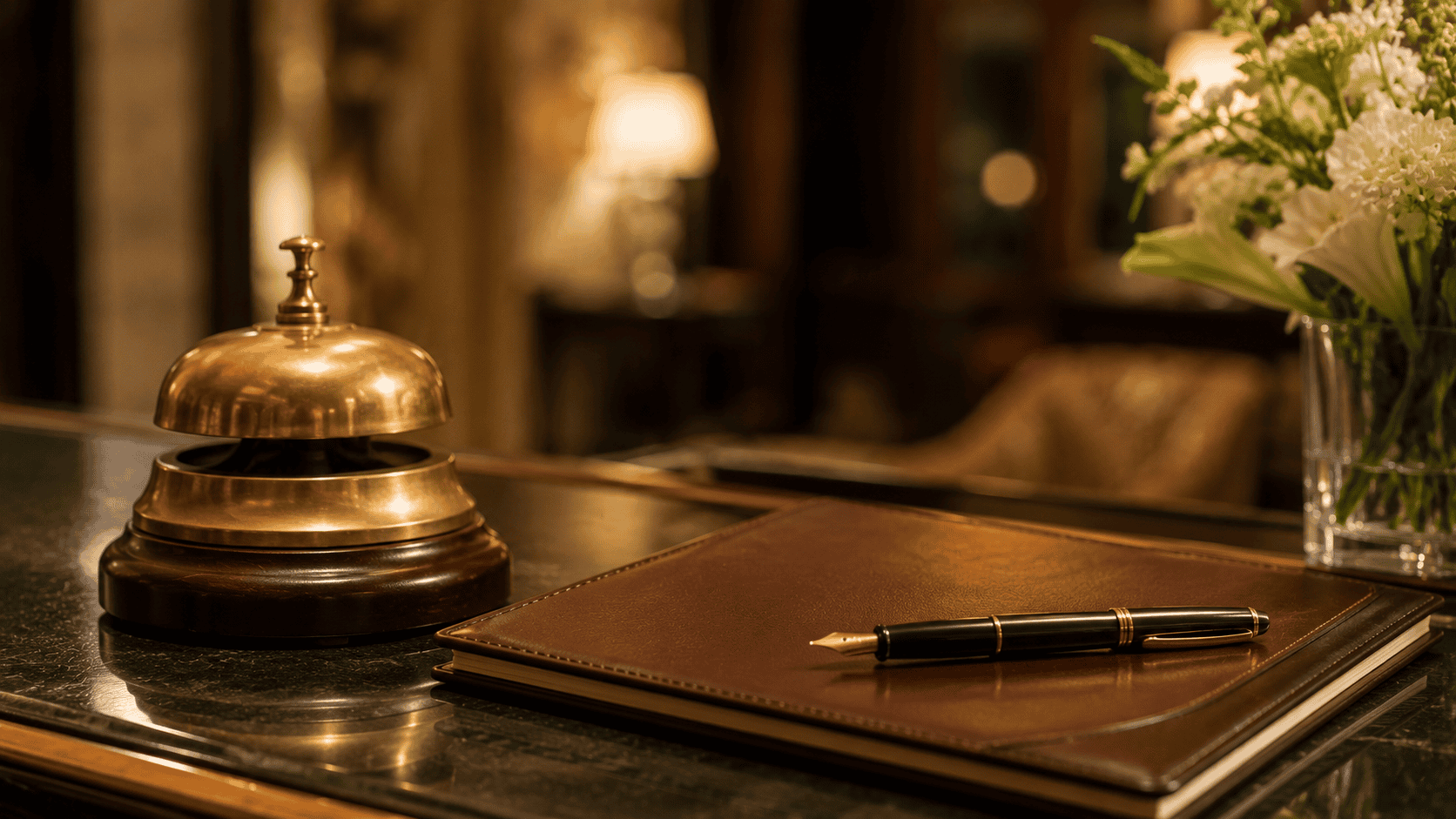 An elegant hotel reception desk with a brass bell — Japanese omotenashi