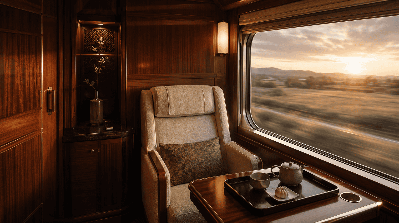 A cozy train cabin with a view of the countryside at sunset.