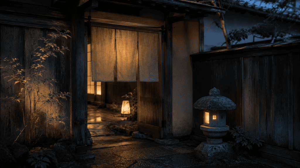 A lantern-lit entrance to a traditional Japanese restaurant at dusk, with a cloth curtain, stone path and stone lantern