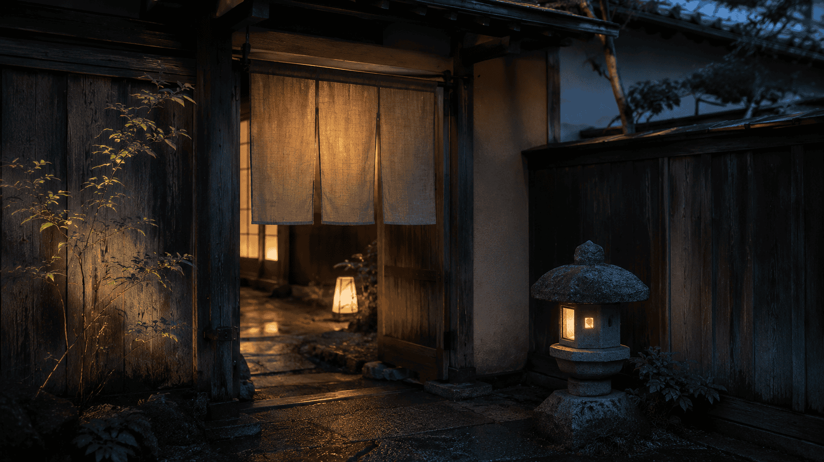 Traditional Japanese entrance at dusk with warm lantern lighting and wooden architecture.
