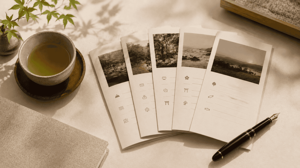 Printed itinerary cards fanned out beside a cup of green tea and a fountain pen