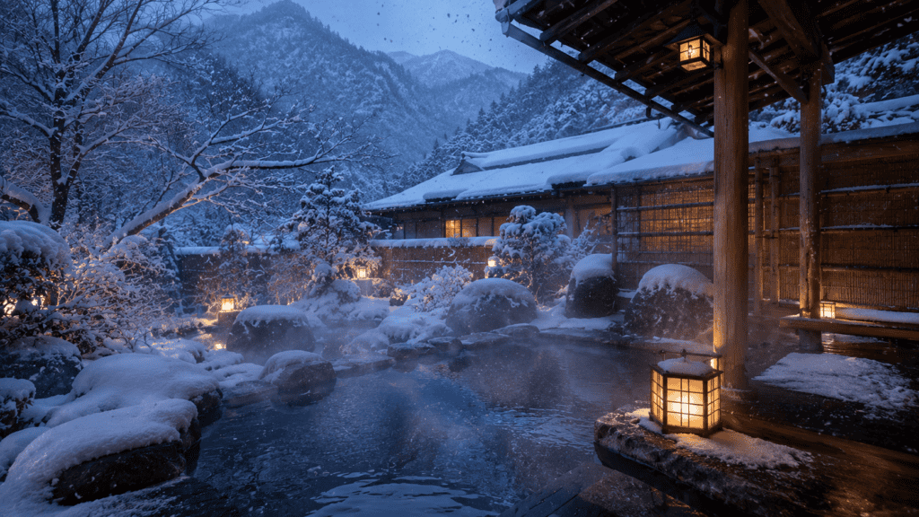 A snowy outdoor hot spring at dusk with lanterns and a wooden inn among mountains