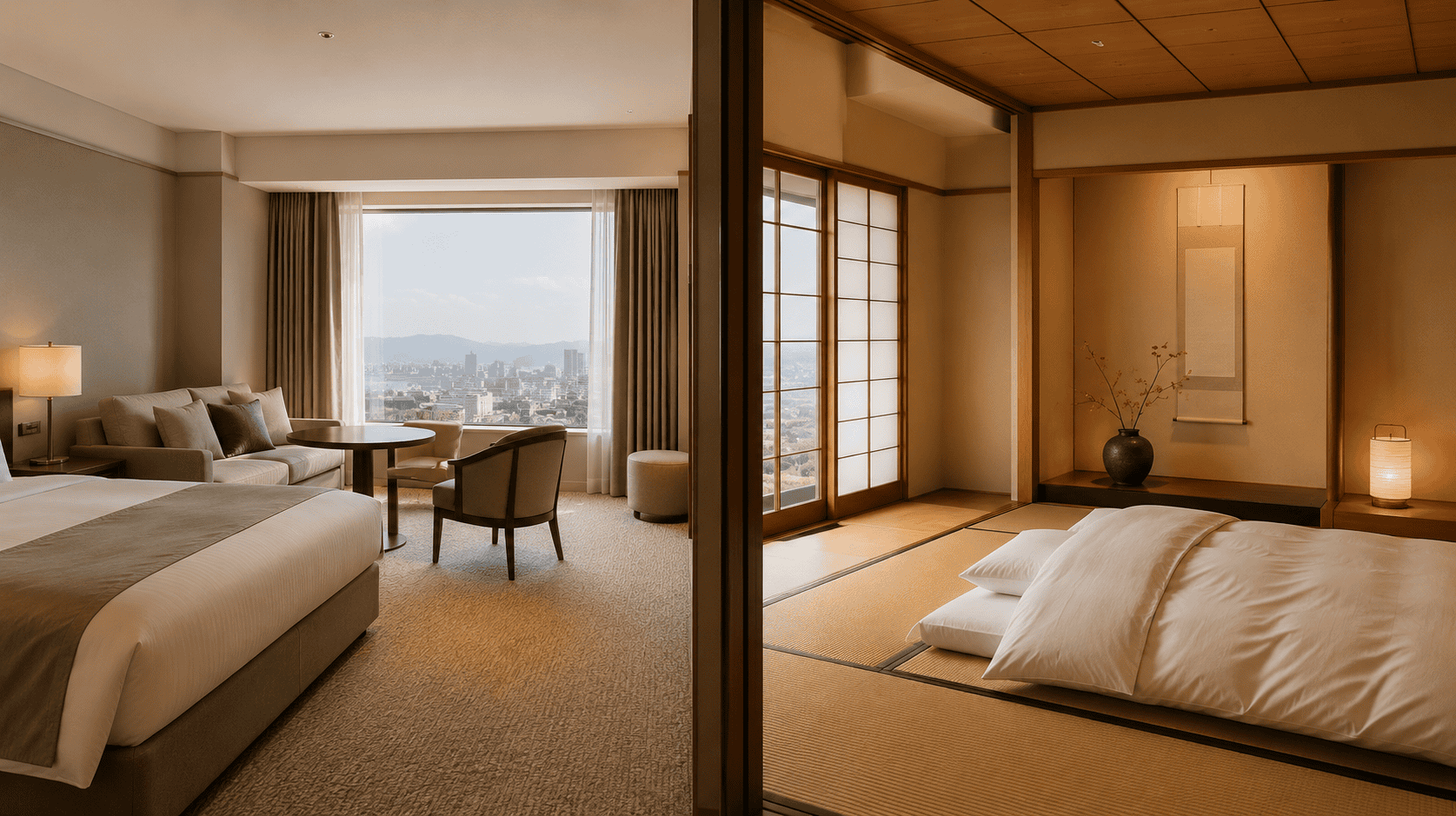 A luxury hotel suite contrasted with a traditional tatami room in Japan
