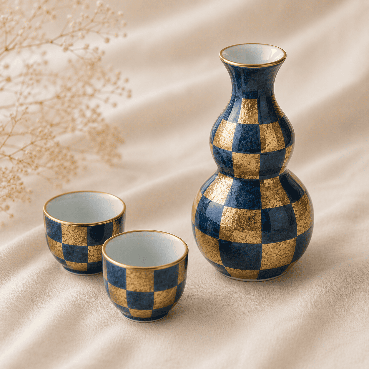 A Hasami ware ceramic sake set with blue and gold checkered pattern