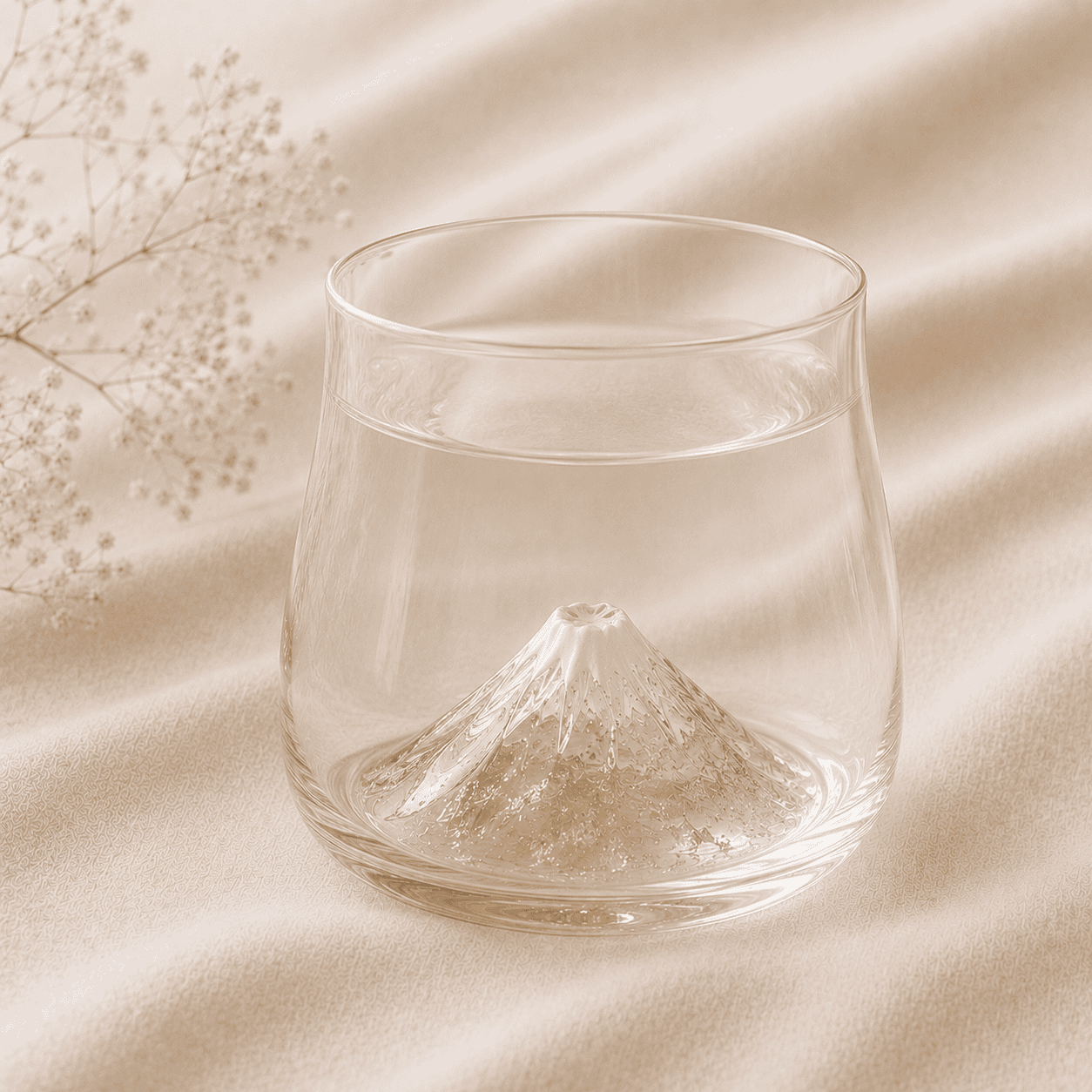 A clear glass with a Mount Fuji shape rising from its base