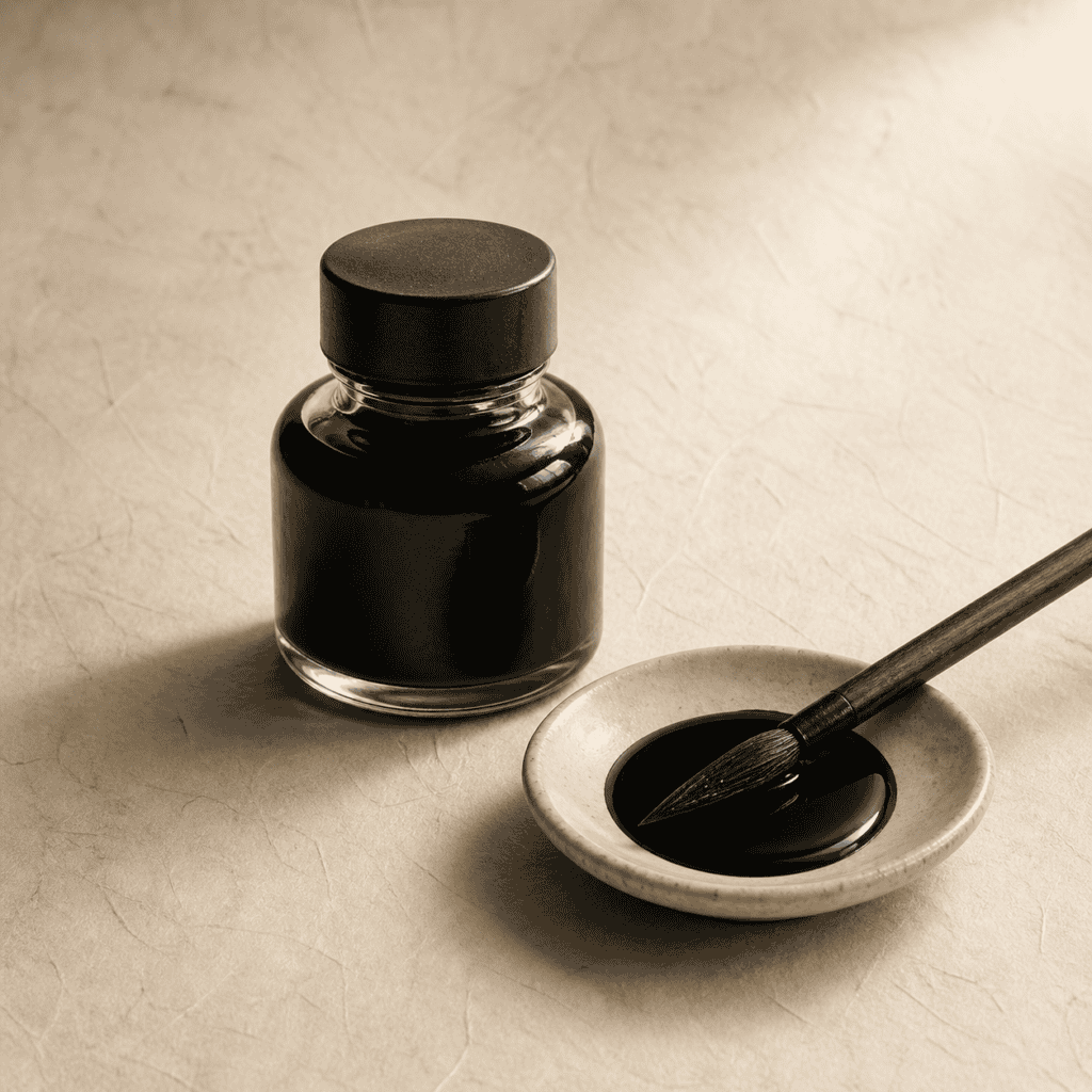 A bottle of black sumi ink and a brush resting in a small ceramic dish