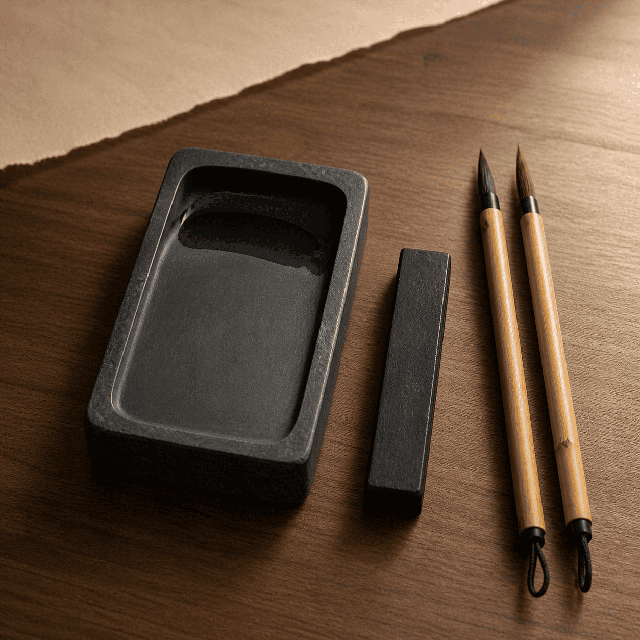 Yasutomo suzuri ink stone with sumi stick and brushes
